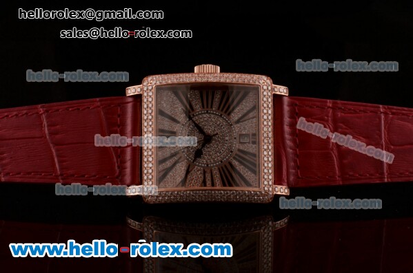 Franck Muller Master Square Swiss ETA 2824 Automatic Rose Gold Case Diamond Bezel with Red Leather Strap and Diamond Dial - Click Image to Close